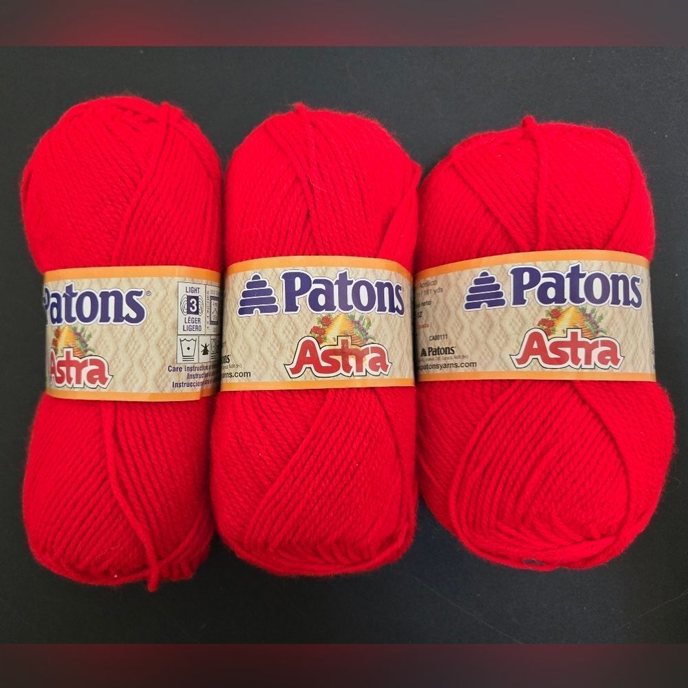Patons Astra Red Yarn 3 Skeins HOT RED